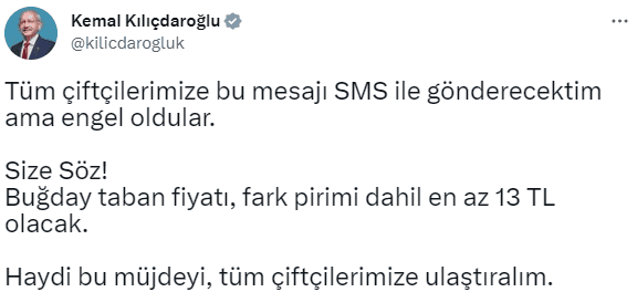 “SMS gönderecektim ama engel oldular” diyen Kılıçdaroğlu’ndan çiftçilere yeni vaat: Buğday taban fiyatı en az 13 TL olacak