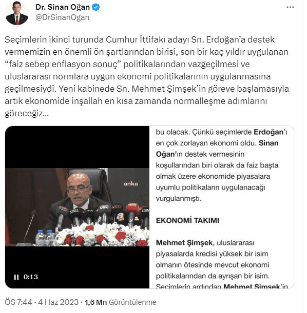 Sinan Oğan’dan Mehmet Şimşek’in sözleri sonrası “faiz sebep enflasyon sonuç” çıkışı: Vazgeçilmesi en önemli ön şartlarımızdan biriydi